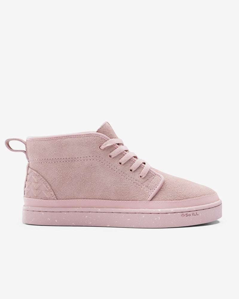 Dirty Pink Chukka being displayed on a white background, being shown from the exterior side of the shoe.