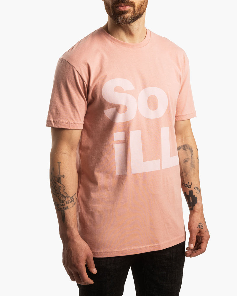 Male wearing Dirty Pink So iLL Stacked Logo tee